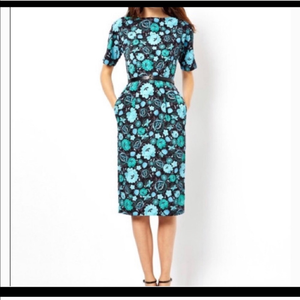 Asos Floral Wiggle Dress Blue Size 10